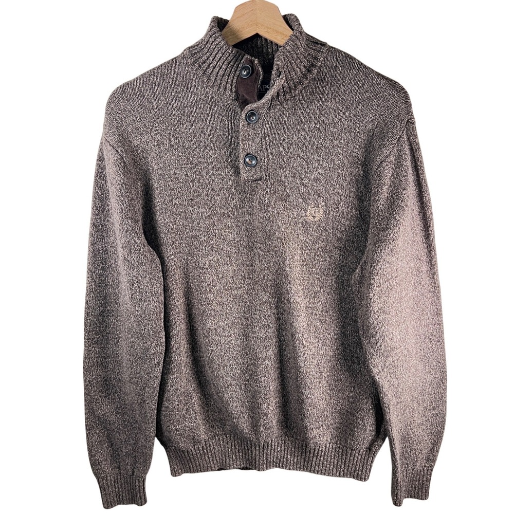 Chaps Mens Mock Neck 1/4 Button Knit Sweater Brown Marled Elbow Patches Size M